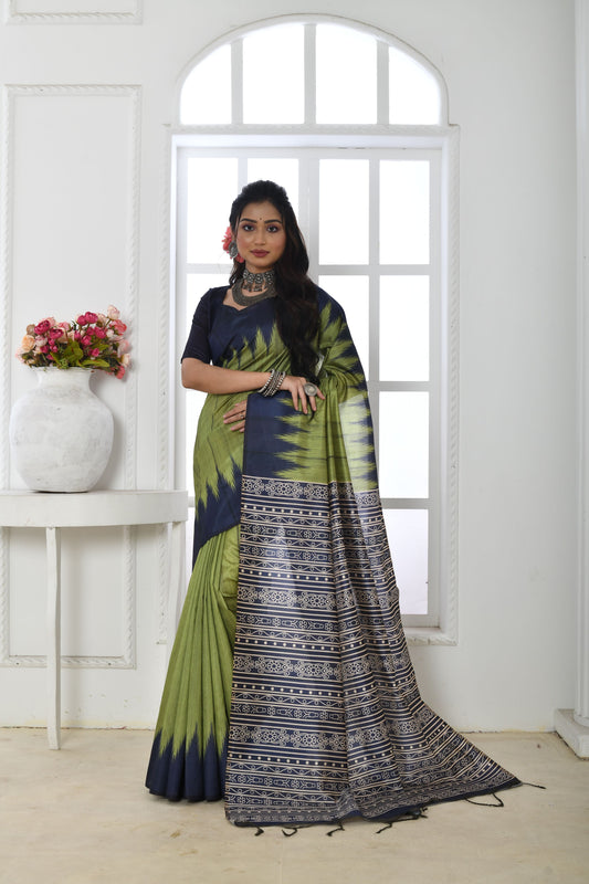 Soft Tussar Silk Saree in Green with Classic Temple Border