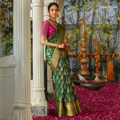 Elegant Green Banarasi Soft Silk Saree with Gold & Silver Zari Weaving