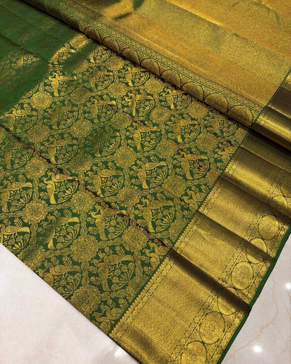 Elegant Green Banarasi Soft Silk Saree with Golden Floral Zari Weaving