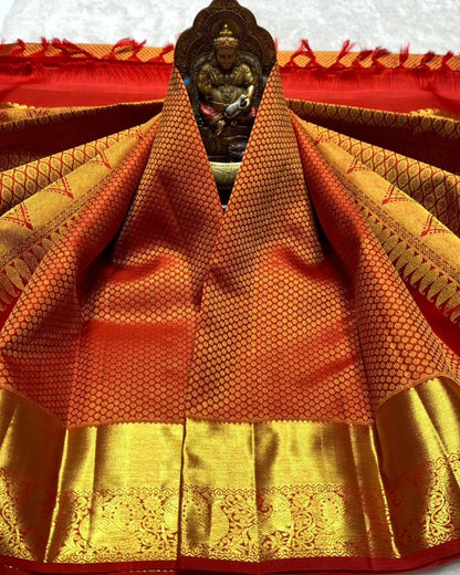 Elegant Orange Banarasi Soft Silk Saree with Golden Zari Weaving