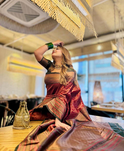 Chic Meets Tradition – Shakuntala Banarasi Soft Silk Saree with Copper Zari Weaving