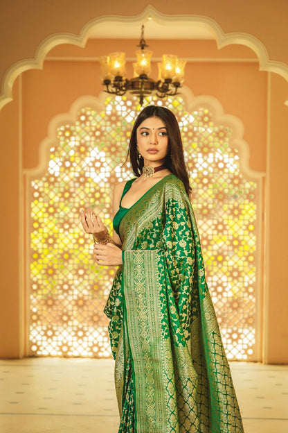 Elegant Banarasi Soft Silk Saree Featuring Heavy Brocade and Gold Zari Work