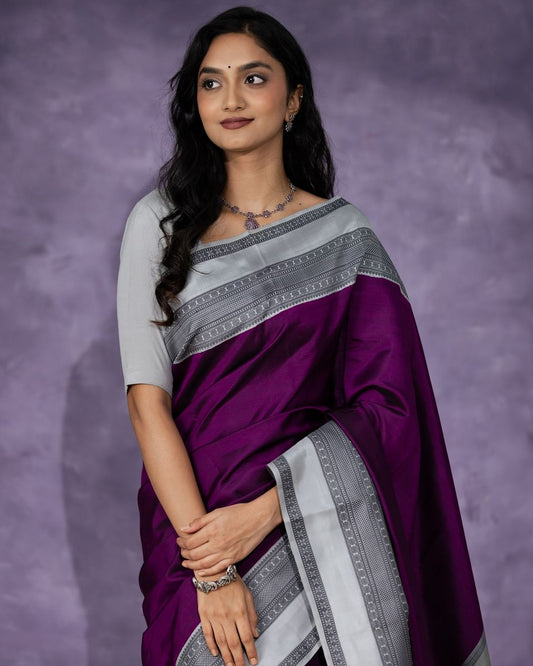 Elegant Purple Banarasi Soft Silk Saree with Silver Zari Border