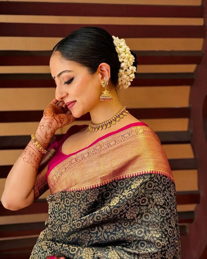 Elegant Black Banarasi Soft Silk Saree with Gold Zari Weaving