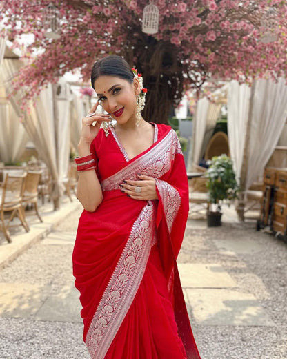 Premium Banarasi Soft Silk Saree with Exquisite Silver Zari & Heavy Brocade Detailing
