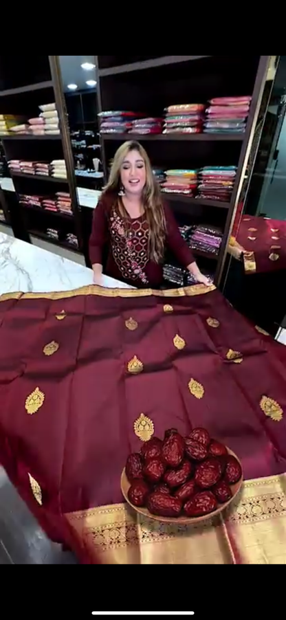Elegant Maroon Banarasi Soft Silk Saree with Golden Butta Weaving