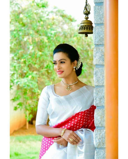 Burgundy Banarasi Soft Silk Saree with Silver Zari Paisley Pallu