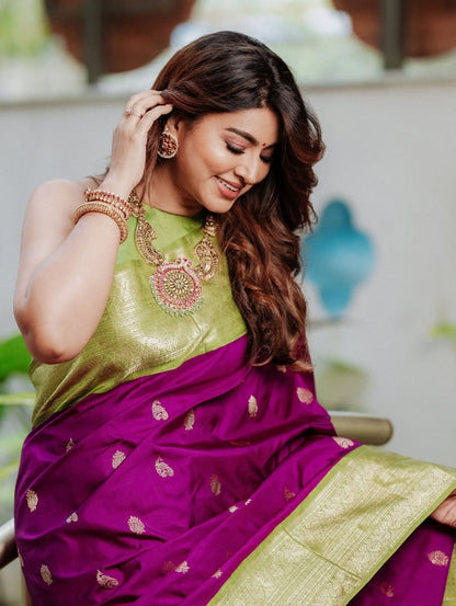 Royal Orchid – Banarasi Soft Silk Saree with Contrasting Zari Border