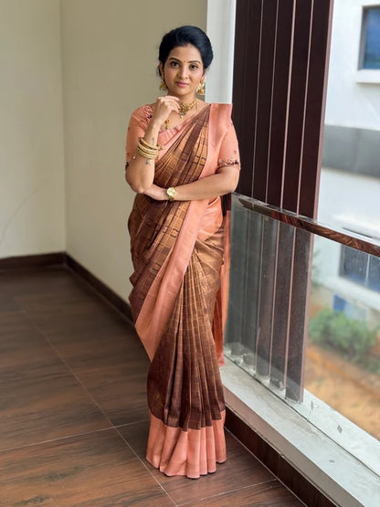 Elegant Peach & Brown Banarasi Soft Silk Saree with Gold Zari Weaving
