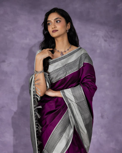Elegant Purple Banarasi Soft Silk Saree with Silver Zari Border