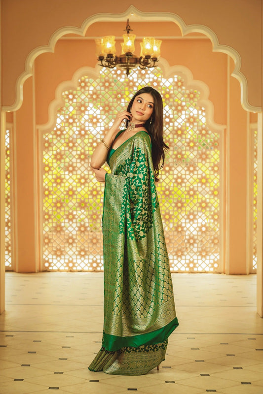 Elegant Banarasi Soft Silk Saree Featuring Heavy Brocade and Gold Zari Work