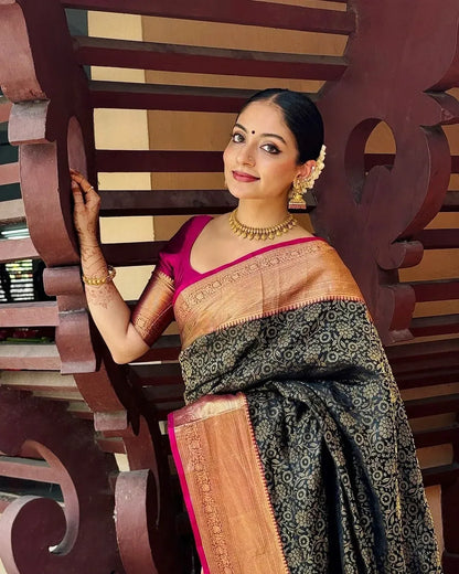 Elegant Black Banarasi Soft Silk Saree with Gold Zari Weaving