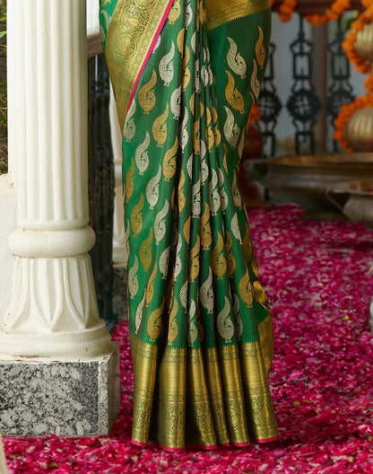 Elegant Green Banarasi Soft Silk Saree with Gold & Silver Zari Weaving