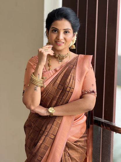 Elegant Peach & Brown Banarasi Soft Silk Saree with Gold Zari Weaving