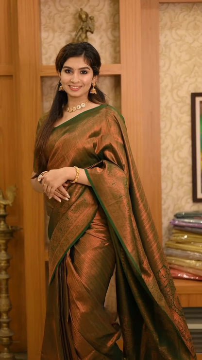 Shakuntala Banarasi Soft Silk Saree with Heavy Brocade & Copper Zari Weaving – Premium Traditional Elegance