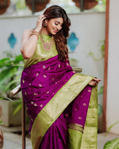 Royal Orchid – Banarasi Soft Silk Saree with Contrasting Zari Border