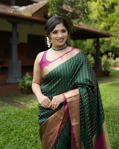 Elegant Green Banarasi Soft Silk Saree with Gold Zari Border