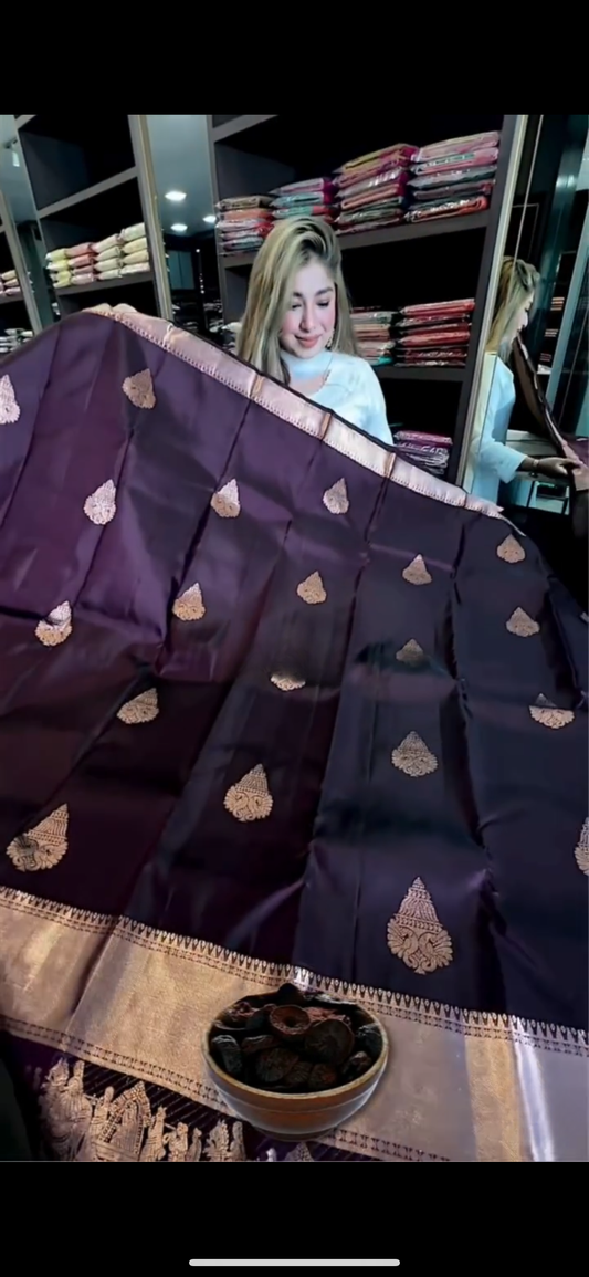 Deep Plum Purple – Banarasi Soft Silk Saree with Antique Zari Weaving
