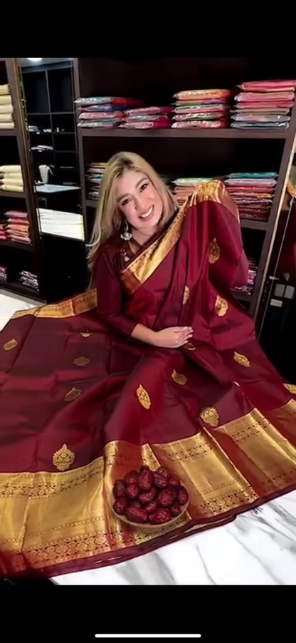 Elegant Maroon Banarasi Soft Silk Saree with Golden Butta Weaving