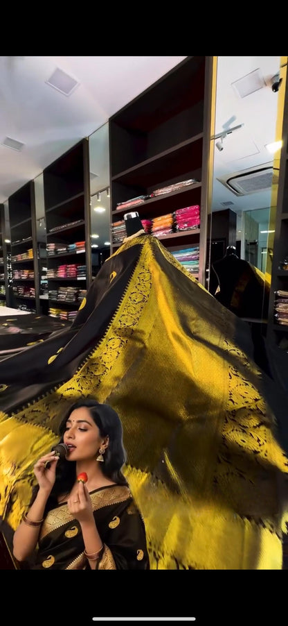 Elegant Black Banarasi Soft Silk Saree with Golden Paisley Weaving