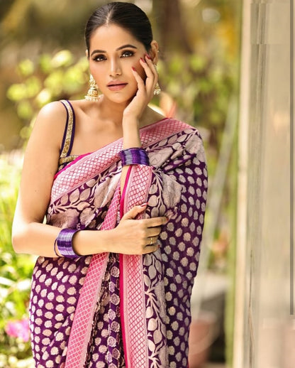 Elegant Banarasi Soft Silk Saree with Gold Zari Weaving