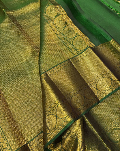 Elegant Green Banarasi Soft Silk Saree with Golden Floral Zari Weaving