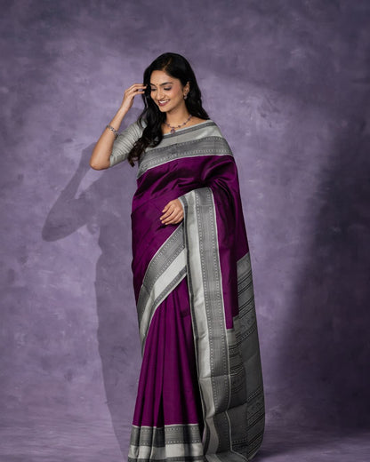 Elegant Purple Banarasi Soft Silk Saree with Silver Zari Border
