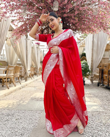 Premium Banarasi Soft Silk Saree with Exquisite Silver Zari & Heavy Brocade Detailing
