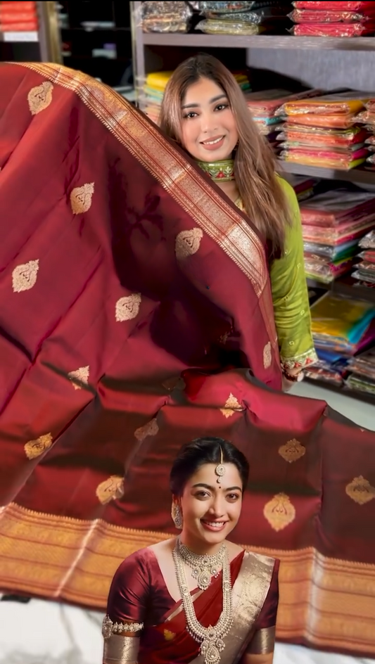 Regal Maroon – Banarasi Soft Silk Saree with Copper Zari Weaving