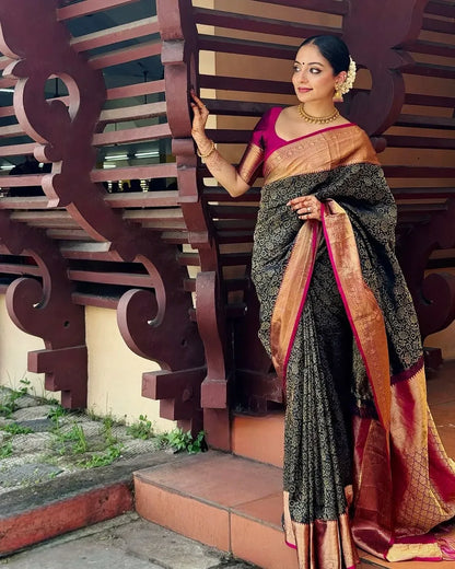 Elegant Black Banarasi Soft Silk Saree with Gold Zari Weaving
