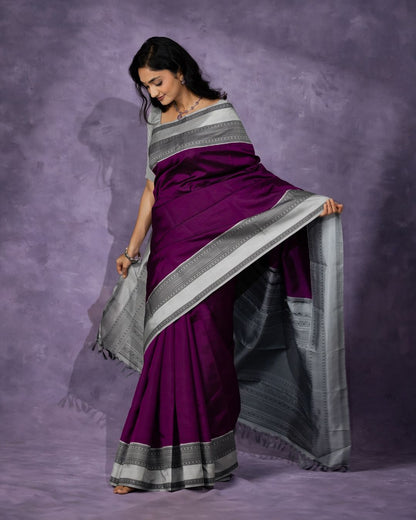 Elegant Purple Banarasi Soft Silk Saree with Silver Zari Border