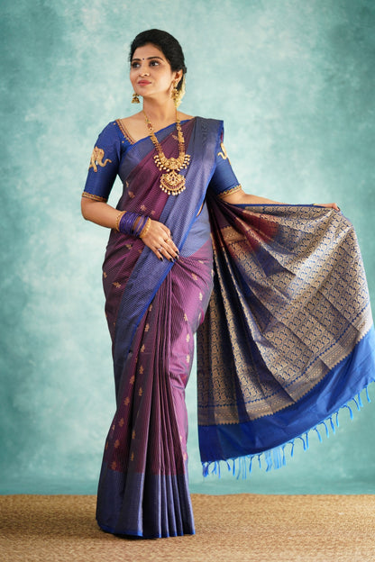 Elegant Purple & Blue Banarasi Soft Silk Saree with Gold & Silver Zari Weaving