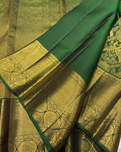 Elegant Green Banarasi Soft Silk Saree with Golden Floral Zari Weaving