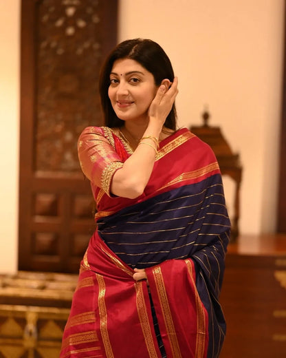 Elegant Navy Blue Banarasi Soft Silk Saree with Red Border & Gold Zari Weaving