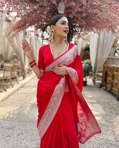 Premium Banarasi Soft Silk Saree with Exquisite Silver Zari & Heavy Brocade Detailing