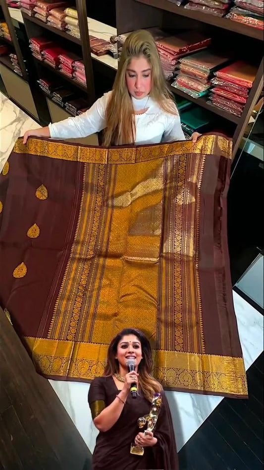 Rich Chocolate Brown – Banarasi Soft Silk Saree with Golden Zari Buttas