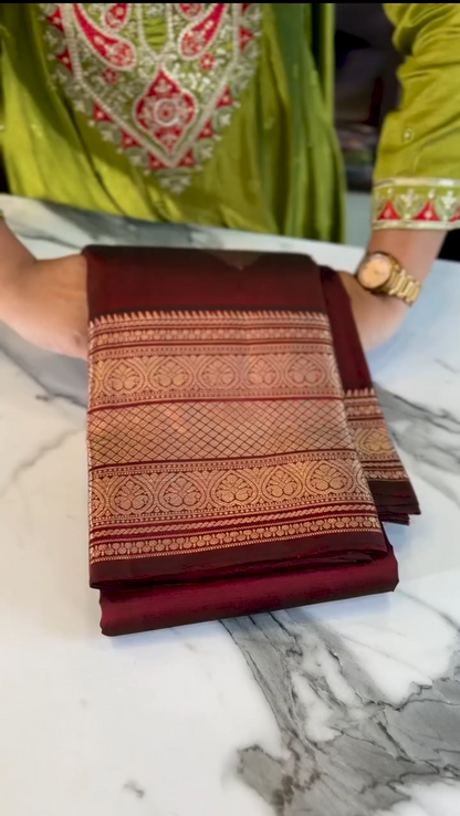 Regal Maroon – Banarasi Soft Silk Saree with Copper Zari Weaving
