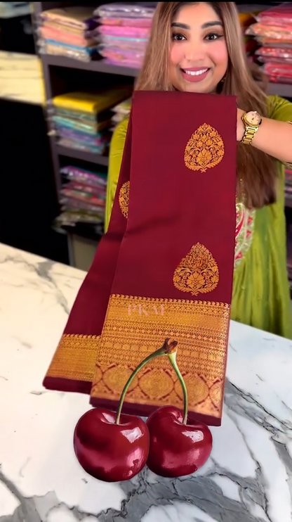 Cherry Glow – Banarasi Soft Silk Saree with Copper Zari Weaving