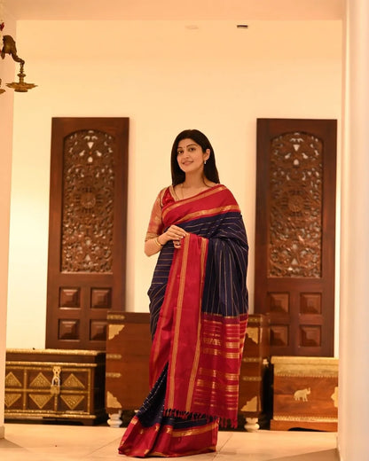 Elegant Navy Blue Banarasi Soft Silk Saree with Red Border & Gold Zari Weaving