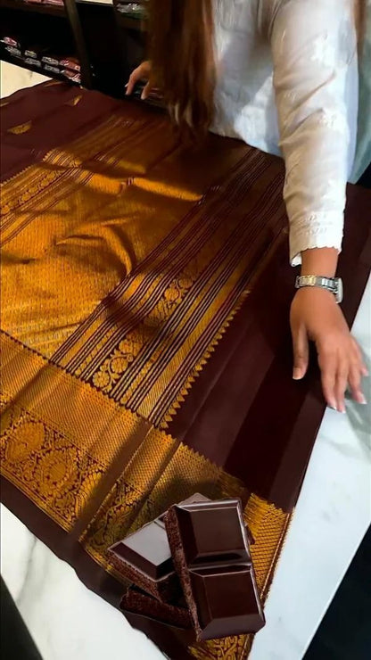 Rich Chocolate Brown – Banarasi Soft Silk Saree with Golden Zari Buttas