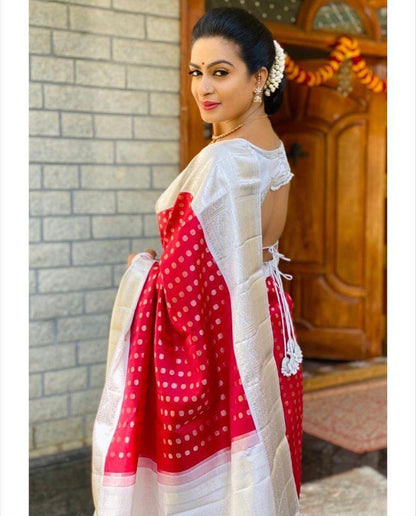 Burgundy Banarasi Soft Silk Saree with Silver Zari Paisley Pallu