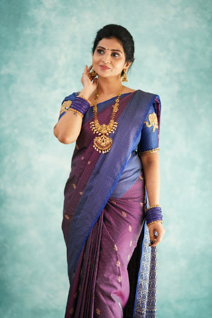 Elegant Purple & Blue Banarasi Soft Silk Saree with Gold & Silver Zari Weaving