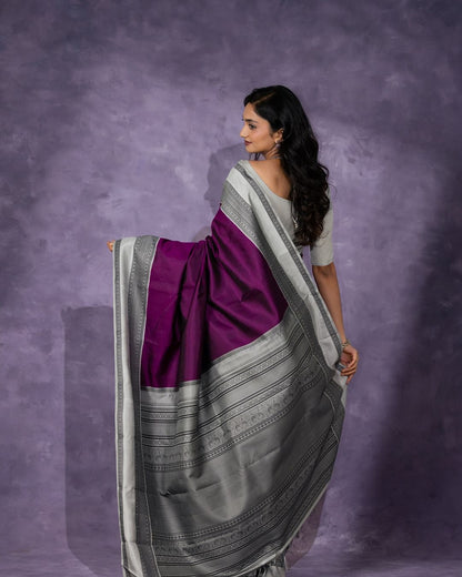 Elegant Purple Banarasi Soft Silk Saree with Silver Zari Border