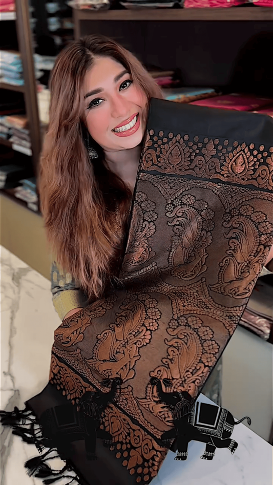 Majestic Black – Banarasi Soft Silk Saree with Antique Copper Zari & Elephant Motifs