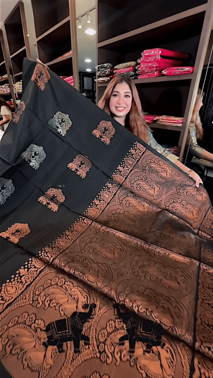 Majestic Black – Banarasi Soft Silk Saree with Antique Copper Zari & Elephant Motifs