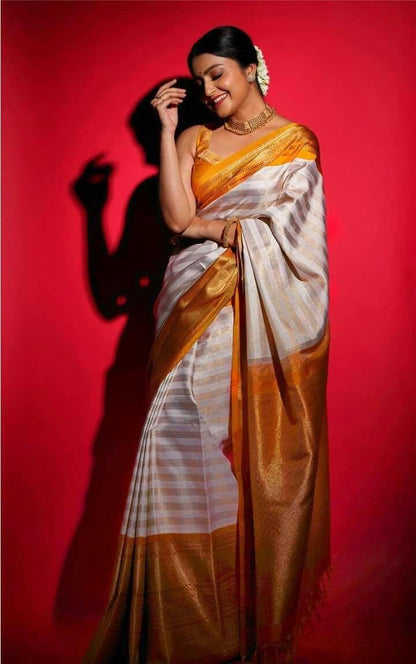 Elegant White Banarasi Soft Silk Saree with Gold Zari Weaving