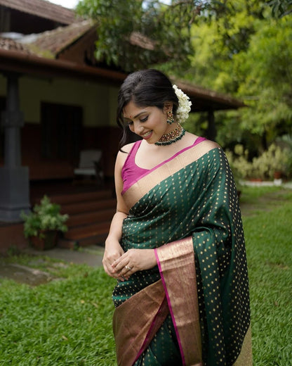 Elegant Green Banarasi Soft Silk Saree with Gold Zari Border