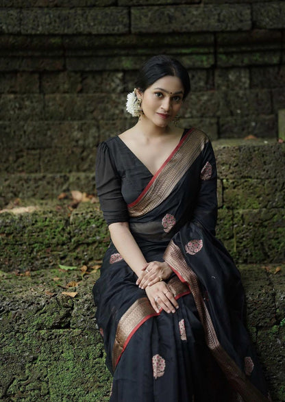 Graceful Elegance – Banarasi Soft Silk Saree with Gold Zari Weaving
