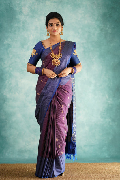 Elegant Purple & Blue Banarasi Soft Silk Saree with Gold & Silver Zari Weaving