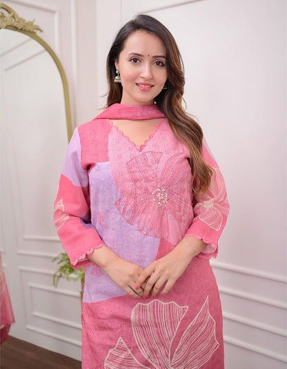 Heavy Schiffli Linen-Cotton Suit with Hand Khatli Neck